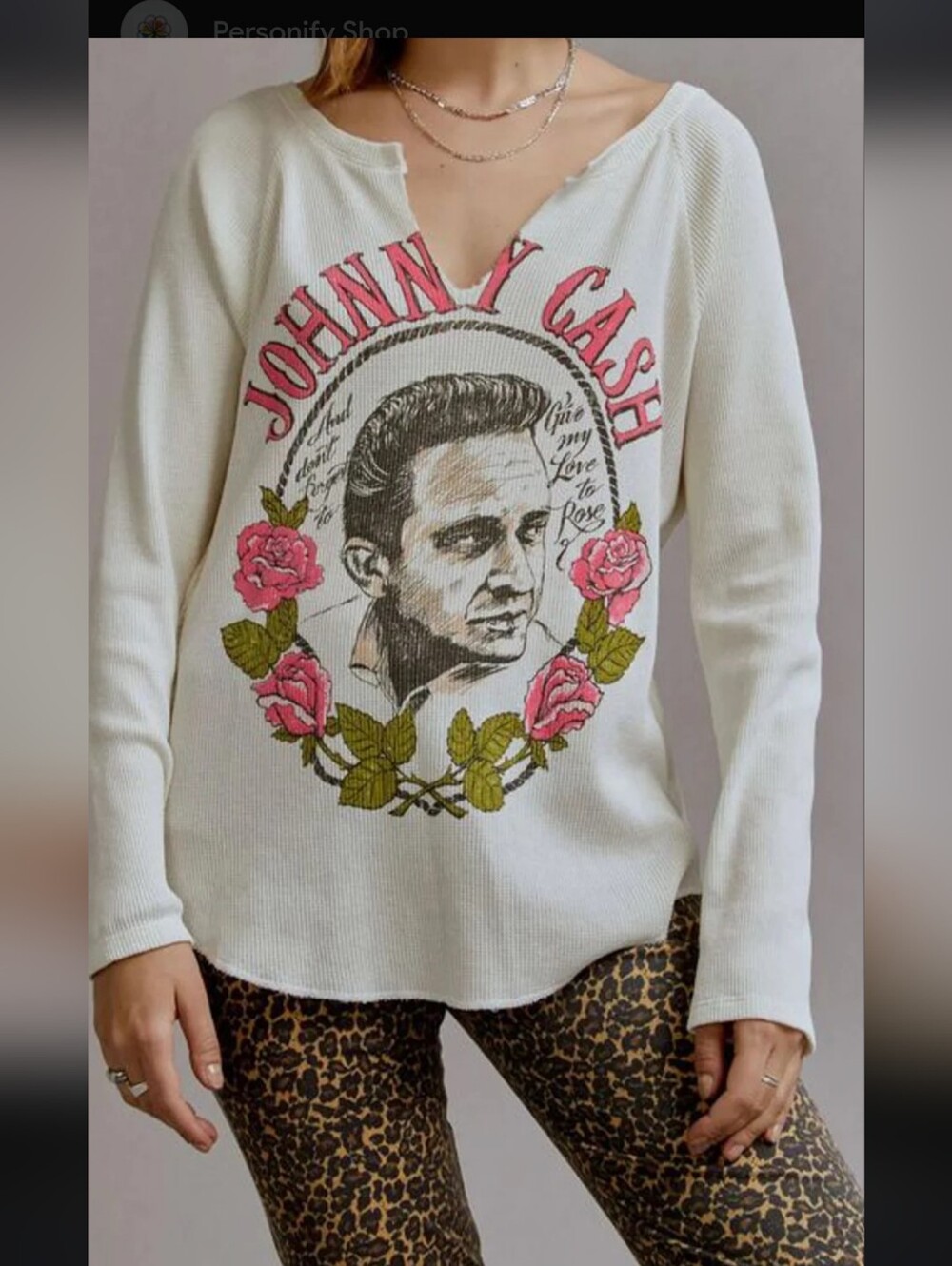 Daydreamer Johnny Cash Thermal White Western Boho Long Sleeve Shirt Size XS